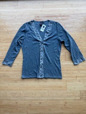 Gap NWT periwinkle blue quarter sleeve button front cardigan lace trim v neck